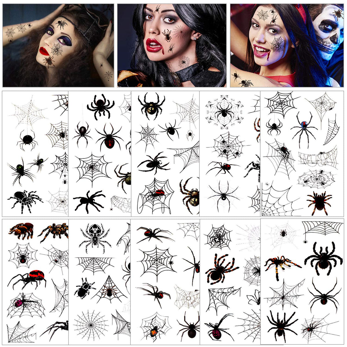 Konsait 86PCS Halloween Tattoos Spider Tattoos, Spider Web Spider Net Tattoos, Halloween Face Shoulder Arm Tattoo Stickers for Women Men Kids Boys Halloween Cosplay Accessories