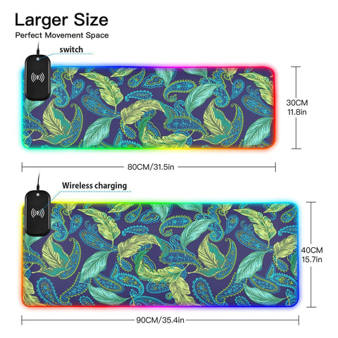 Blue Paisley Leaves Wireless Charging Mouse Pad for Mobile Phone Extra Large Gaming Mousepad with 13 Lighting Modes Mouse Mat for Office Home Gaming MacBook PC Laptop Desk