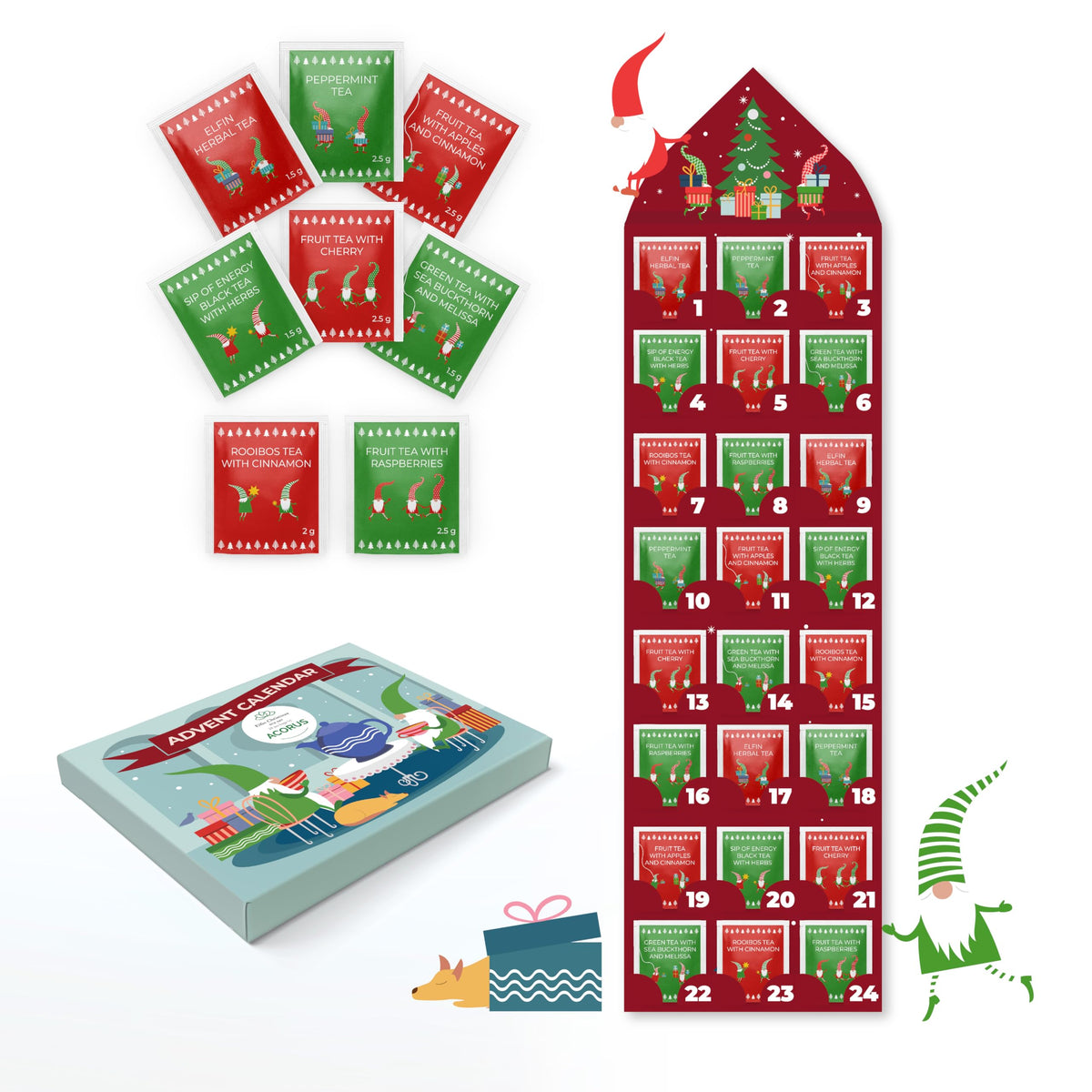 Acorus Elfin Tea Advent Calendar 2024 women and men, 24 Advent Calendar Tea Bags Individually Wrapped for Christmas Countdown, Fruit and Herbal tea Advent Calendar 2024, 8 Christmasy flavors