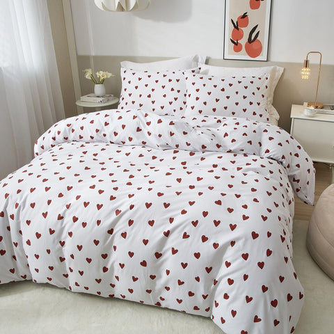 Ruccit Red Heart Duvet Cover Set Double 100% Cotton White Duvet Cover Lovely Heart Pattern 3pcs Modern Bedding Set with Zipper Closure Corner Ties,Soft,Easy Care,Breathable