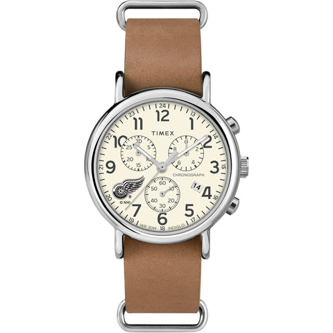 Timex Tribute Men's NHL Weekender Chrono 40mm Watch - Detroit Red Wings with Tan Genuine Leather Slip-Thru Strap