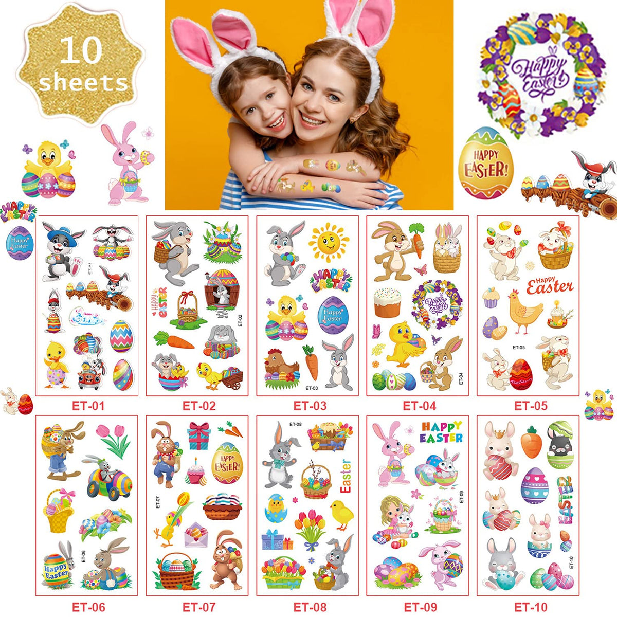 10 Sheets Easter Temporary Tattoos for Kids,Egg Rabbit Face Body Stickers Tattoos Waterproof Party Accessories for Girls Boys Easter Day Party Decorations (Style Two)