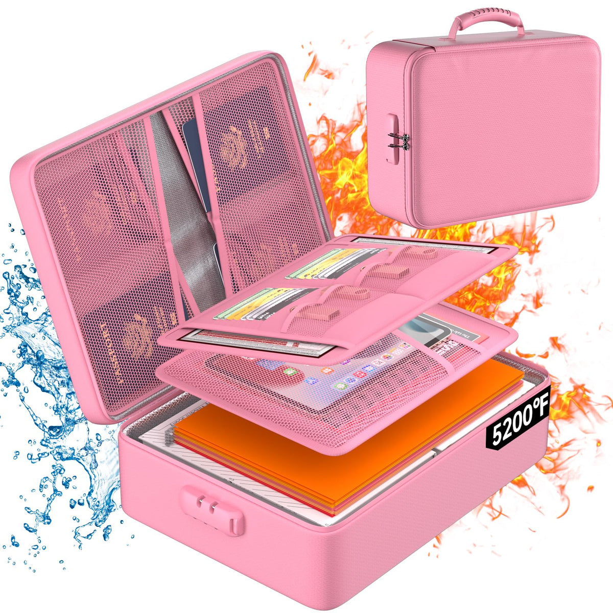 DocSafe 5200Â°F Document Organizer with Lock,Upgraded Heat Insulated Fireproof?Waterproof Box 8 Layers File Organizer,Portable Home Travel Safe Storage for Important Documents, Files,Pink (Soft)