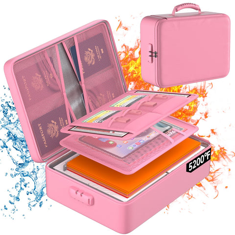 DocSafe 5200Â°F Document Organizer with Lock,Upgraded Heat Insulated Fireproof?Waterproof Box 8 Layers File Organizer,Portable Home Travel Safe Storage for Important Documents, Files,Pink (Soft)