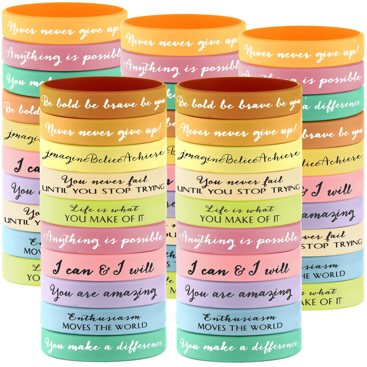 Sieral 50 Pcs Inspirational Wristbands Motivational Bracelets Rubber Bracelets Thank You Gifts Bulk for Kids Students Women Men Stretch Quote Silicone Bracelets(Fresh Colors, Teens Size)