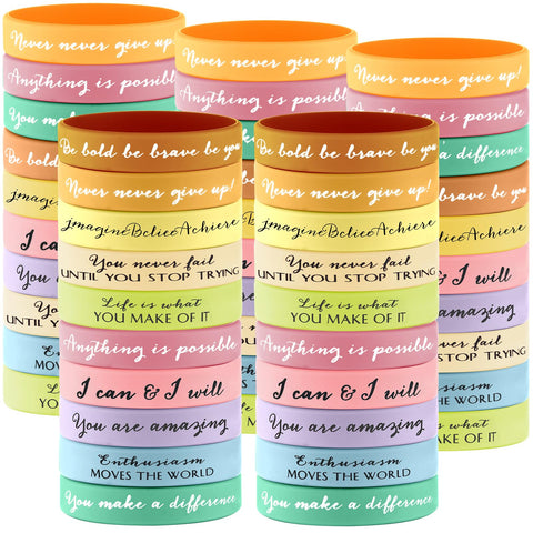 Sieral 50 Pcs Inspirational Wristbands Motivational Bracelets Rubber Bracelets Thank You Gifts Bulk for Kids Students Women Men Stretch Quote Silicone Bracelets(Fresh Colors, Teens Size)