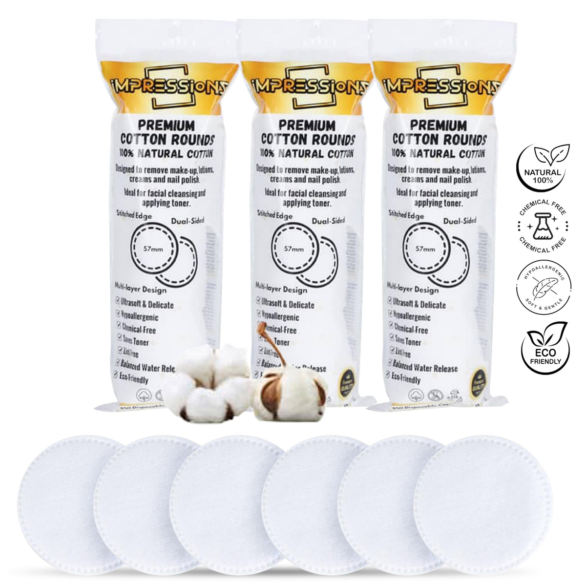 ImpressionZ Premium Cotton Rounds for Face (300 Count) - 100% Pure Natural Cotton Pads, Hypoallergenic, Lint-Free Makeup Remover, Toner & Cream Applicator for Sensitive Skin