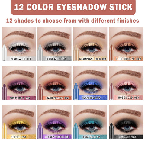 12Pcs Eyeshadow Stick Set Eye Shadow Applicator Sticks Matte Eyeliner Pen Set with Sharpener Cap Long-lasting Waterproof Delineadores De Colors Para Ojos Pearly Sparkle Glitter Eyeshadow Makeup