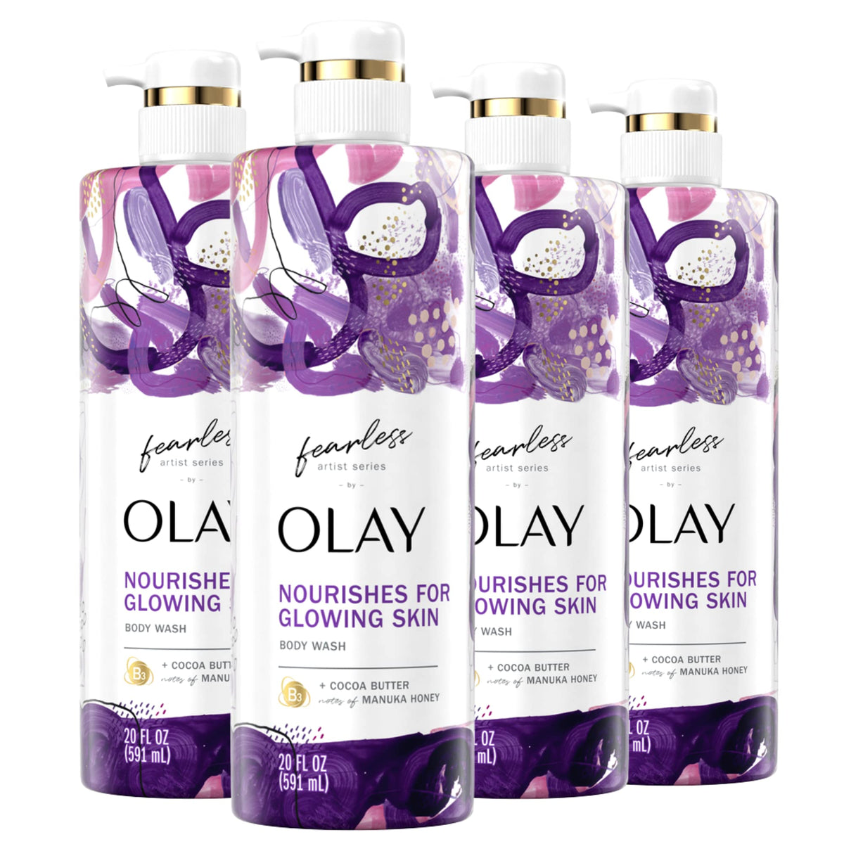Olay Fearless Moisturizing Body Wash for Women with Cocoa Butter and Notes of Manuka Honey Artist Series 20 fl oz (Pack of 4)