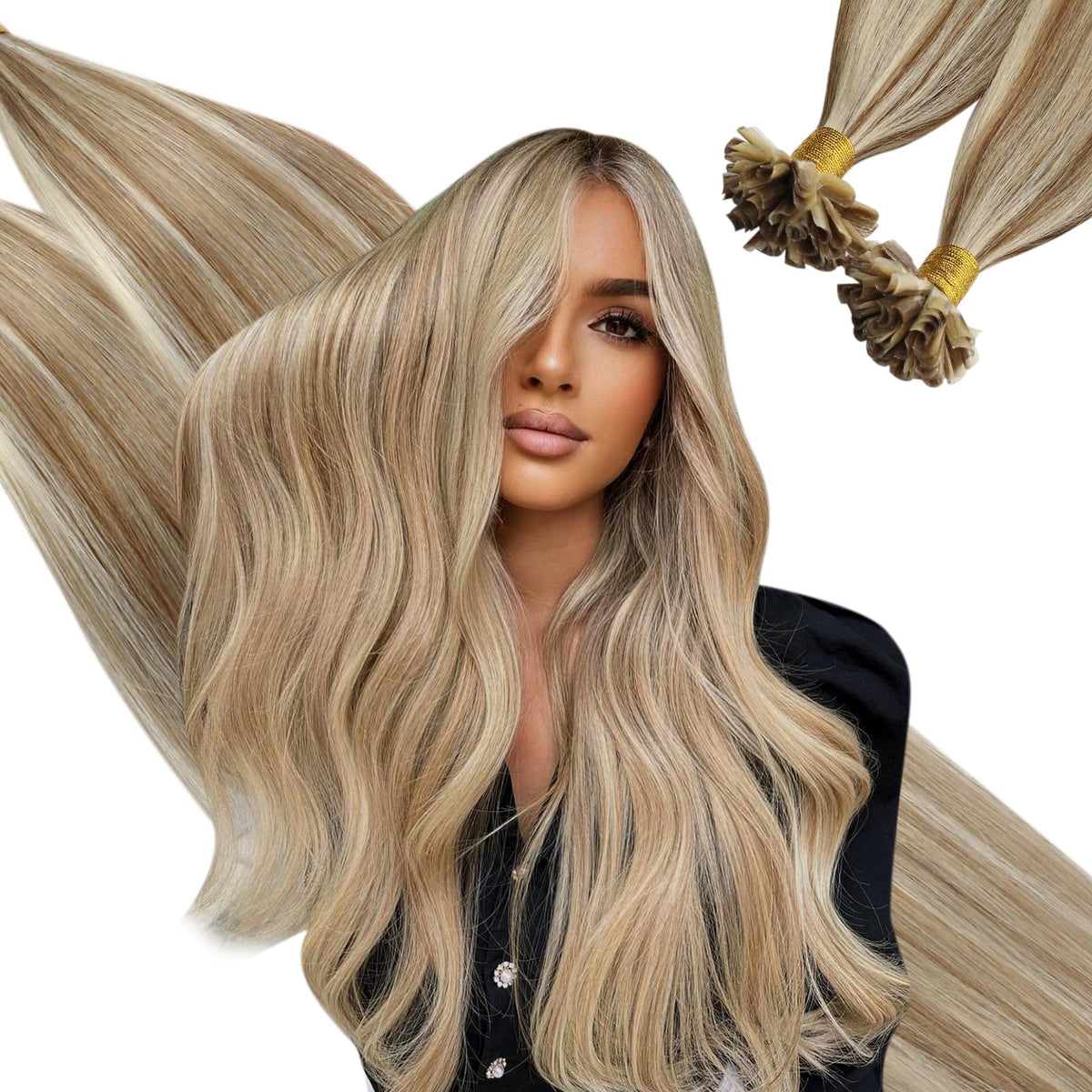 Ugeat Brown Blonde Highlights Hair Extensions Pre Bonded Hair Extensions Human Hair U Tip Hair Extensions Golden Brown With Bleach Blonde #P10/613 14Inch 50Pcs