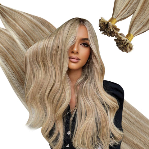 Ugeat Brown Blonde Highlights Hair Extensions Pre Bonded Hair Extensions Human Hair U Tip Hair Extensions Golden Brown With Bleach Blonde #P10/613 14Inch 50Pcs