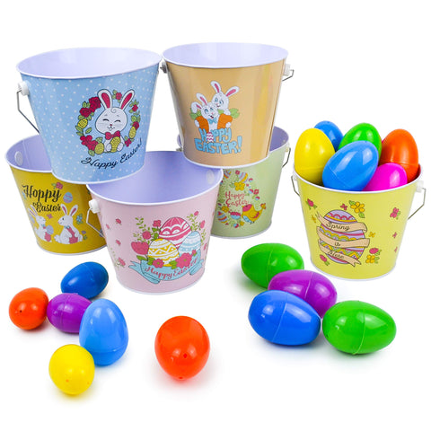 JOYIN 6 Pcs Easter Metal Buckets Easter Bunny Pail Baskets for Easter Eggs Hunt, Easter Pails Gift Baskets for Kids, Kids Easter Party Favor