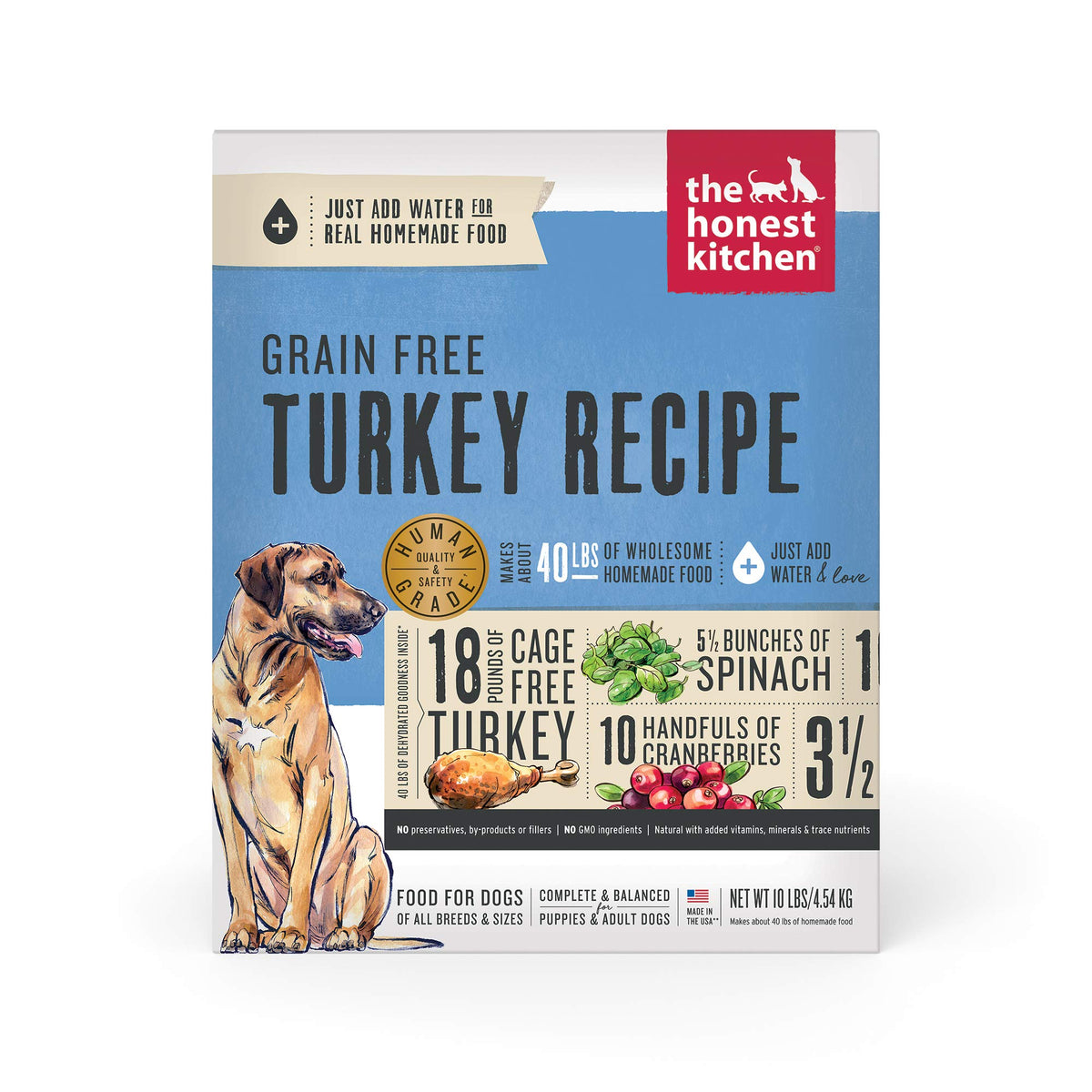 The Honest Kitchen Human Grade Dehydrated Grain Free Dog Food - Complete Meal or Dog Food Topper - Turkey 10 lb (makes 40 lbs)