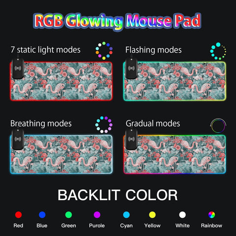 Flamingos Pink Flowers Wireless Charging Mouse Pad for Mobile Phone Extra Large Gaming Mousepad with 13 Lighting Modes Computer Mat for Gaming MacBook PC Laptop Desk Home Office