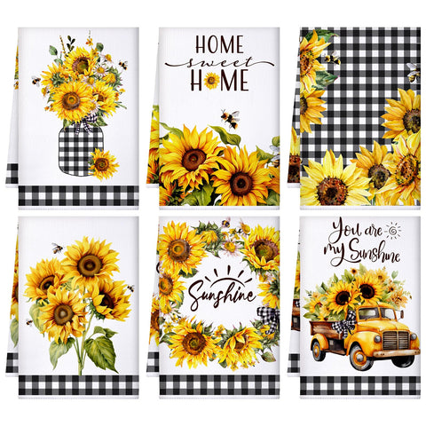 Geyoga 6 Pieces Floral Kitchen Towels Flamingo Dish Hand Towels Sunflower Flower Chicken Daisy Tea Towels for Fall Kitchen Bathroom Decor,16 x 24 Inch(Yellow,Sunflower)