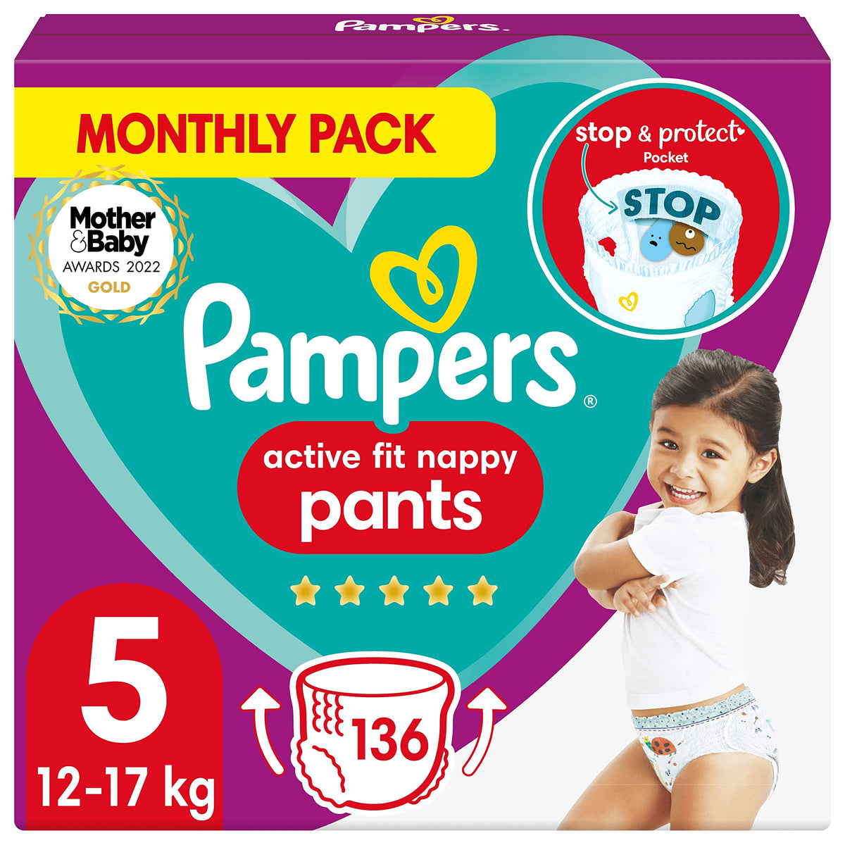 Pampers Baby Nappy Pants Size 5 (12-17kg/ 27-38Lb), Active Fit, 136 Nappies, MONTHLY SAVINGS PACK, PampersÃƒÆ’Ã†â€™Ãƒâ€šÃ‚Â¯ÃƒÆ’Ã¢â‚¬Å¡Ãƒâ€šÃ‚Â¿ÃƒÆ’Ã¢â‚¬Å¡Ãƒâ€šÃ‚Â½ Trusted Fit and Comfort For Your Wild Child