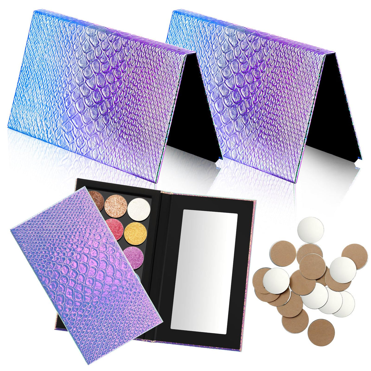 Dansib 2 Pieces Magnetic Palette Mermaid Empty Palette with Mirror and 36 Pcs Adhesive Metal Empty Palette Stickers Large Mermaid Makeup Empty Palette for Eyeshadow Lipstick Blush Powder