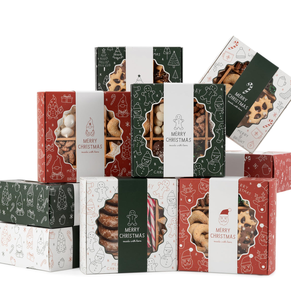 ZICOTO Beautiful Christmas Cookie Boxes for Gift Giving - Holiday Bakery Treat Boxes with Window, Lid, and Sleeve Band - Festive Packaging for Cookies, Candy, and Pastries