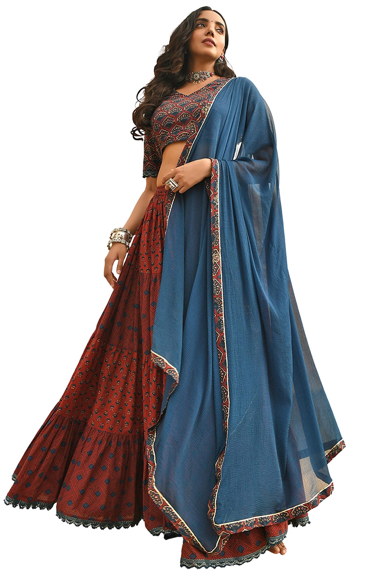 Janasya Indian Women's Maroon Cotton Block Print Lehenga Choli With Dupatta