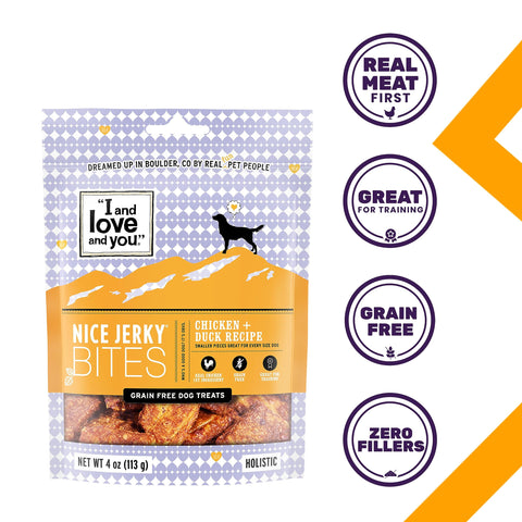 I and love and you Nice Jerky Bites - Grain Free Dog Treats, Chicken + Duck, 4-Ounce, Pack of 1