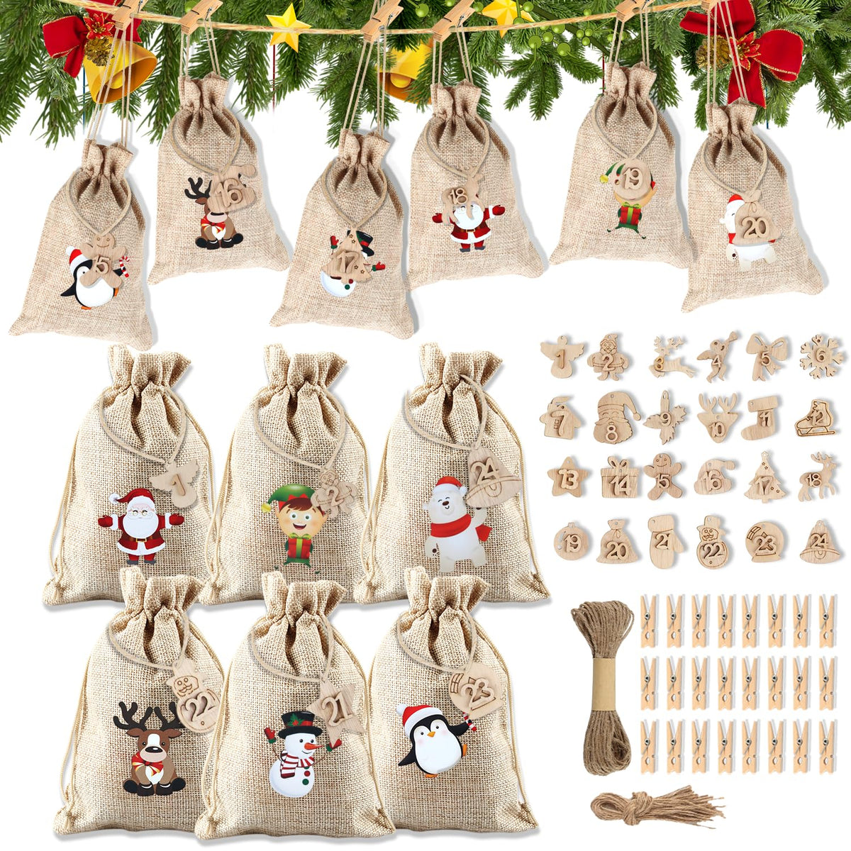 Advent Calendar for Filling, 24 Pieces Advent Calendar Fill Yourself Children, Jute Bags Fabric Bags Fill Yourself, 2023 Christmas Calendar Jute Bag Hanging for Men, Women (3-D)