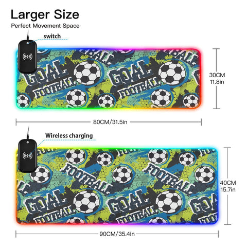 Football Soccer-01 Wireless Charging Mouse Pad for Mobile Phone Extra Large Gaming Mousepad with 13 Lighting Modes Keyboard Mat for MacBook PC Laptop Desk Office Home Gaming