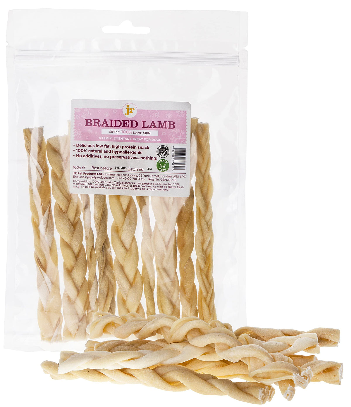 200g Braided Lamb Skin (Approx 20 Sticks) 6" Inch Natural Dog Treat Chew Gluten & Grain Free By JR Pet Products