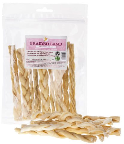 200g Braided Lamb Skin (Approx 20 Sticks) 6" Inch Natural Dog Treat Chew Gluten & Grain Free By JR Pet Products