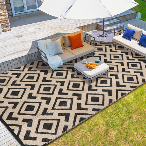 wikiwiki Outdoor Rug, 8x10ft Waterproof Reversible Mat Indoor Outdoor Rugs Carpet, Small Area Rug Plastic Straw Rug for Patio Deck Balcony Pool RV Camping Beach Picnic, Black & Beige