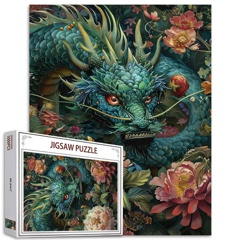 Tucocoo 1000 Piece Jigsaw Puzzles for Adults Green Dragon Painting Jigsaw Puzzle Enchanted Garden 1000 Pieces Puzzles for Challenging Family Activity Game Abstract Flowers Art DIY Puzzle Wall Decor