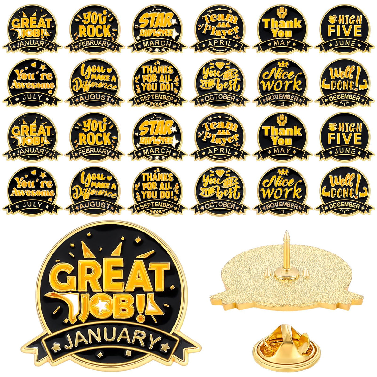 Retrowavy 24 Pcs Employee of the Month Lapel Pin 1-12 Month Employee Recognition Pins Excellence in Service Pins Appreciate Pins for Employee Team Staff, brass, plated with gold, no gemstone