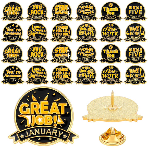 Retrowavy 24 Pcs Employee of the Month Lapel Pin 1-12 Month Employee Recognition Pins Excellence in Service Pins Appreciate Pins for Employee Team Staff, brass, plated with gold, no gemstone