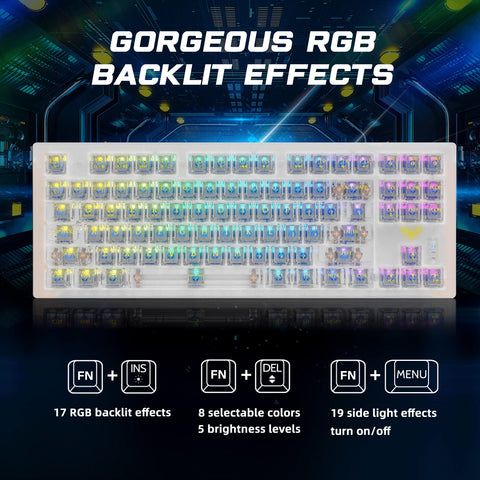 AULA Wireless Mechanical Keyboard, 3 in 1 Hot Swappable RGB Mechanical Gaming Keyboard with Transparent keycaps, 17 RGB Modes and 19 Side Light Modes, 87 Keys Anti-ghosting for Windows Mac PC Gamers