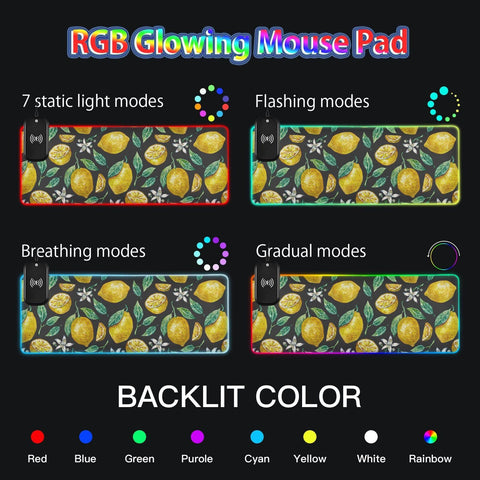 Flowers Leaves Lemon Wireless Charging Mouse Pad for Mobile Phone Extra Large Gaming Mousepad with 13 Lighting Modes Mouse Mat for Office Home Gaming MacBook PC Laptop Desk