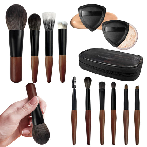 Travel Makeup Brush Set with Case, Mini Makeup Brushes Set for Powder, Foundation, Eyeshadow, Lip, Highlight, Blush & Concealer, 10 Pcs Travel Size Makeup Brushes & 2Pcs Triangle Powder Puff