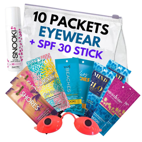 Assorted Tanning Bed Lotion (10 Packets), SPF 30 Face Stick & EYE WEAR - Snooki My Beaches, Mind Body Glo, Get Real, Sunshine & Shorelines and Bronze Shores Tanning Bed Lotion Sampler 0.57 oz Packets