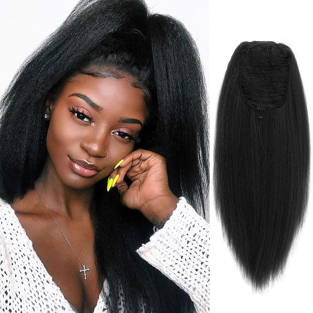 Allyreetress Natural Black Yaki Drawstring Ponytail Extension for Black Women Kinky Staight Up Down Ponytails Synthetic Hair Extensions 20 Inches Clip in (1B Black)