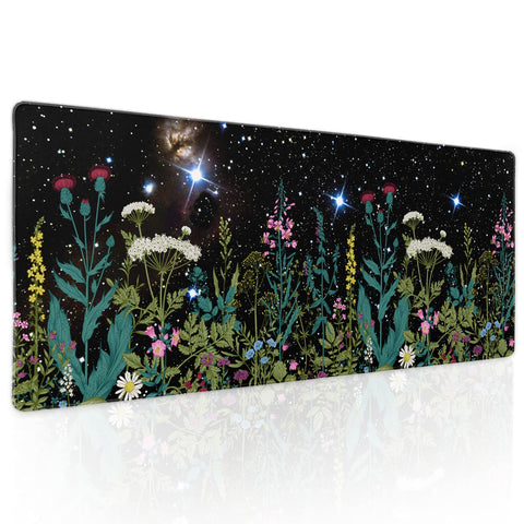 Black Aesthetic Wildflower Large Mouse Pad XL Space Galaxy Weeds Herb Cute Floral Extended Large Desk Mat Big Desk Pad 80X30 CM Non-Slip Rubber Base Stitched Edge Long Mousepad,31.5Ã—11.8 Inch