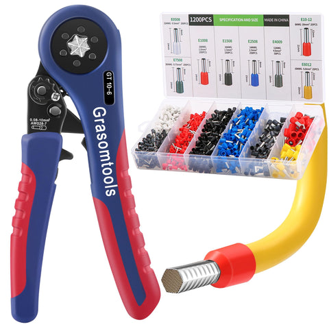Grasomtools ® GT 10-6 Ferrule Crimping Tool Kit, Wire Crimper Pliers (0.08-10mm²), Wire Ferrule Kit with Hexagonal Ferrule Crimper and 1200PCS Ferrule Connectors, Wire Crimping Tool