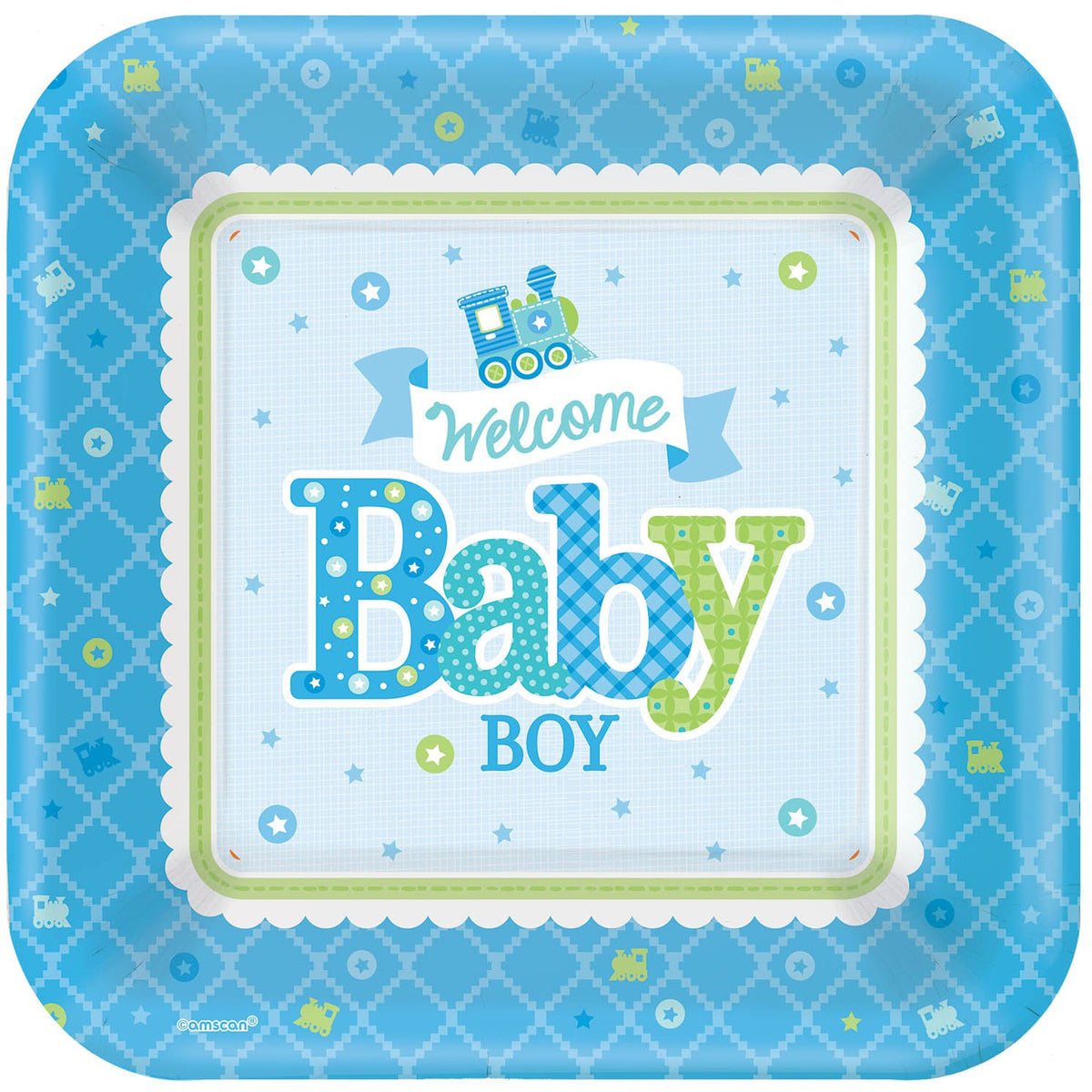 Amscan Charming Welcome Little One Boy Square Plates Baby Shower Party Supplies, 10", Blue/White/Green