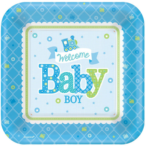 Amscan Charming Welcome Little One Boy Square Plates Baby Shower Party Supplies, 10", Blue/White/Green