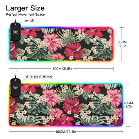 Exotic Hawaiian Tropical Hibiscus Wireless Charging Mouse Pad for Mobile Phone Extra Large Gaming Mousepad with 13 Lighting Modes Keyboard Mat for MacBook PC Laptop Desk Office Home Gaming