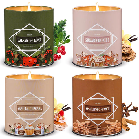 Molensun Winter Scented Candle Set, 4 Pack 36oz Soy Candles, Balsam Cedar/Sugar Cookies/Vanilla Cupcake/Sparkling Cinnamon