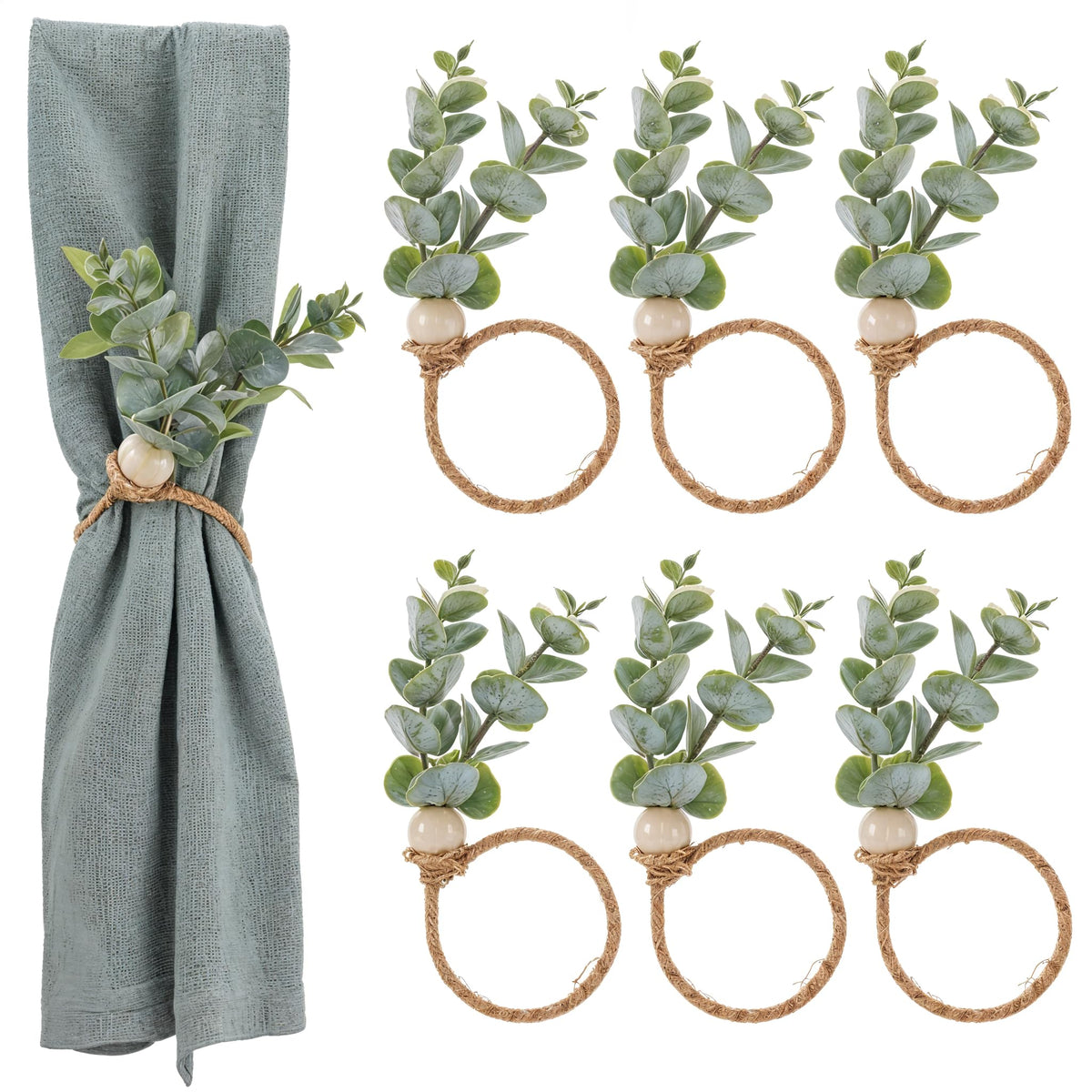 Amabro Napkin Rings Set of 6, Rustic Farmhouse Boho Green Leaf Eucalyptus Wood Bead Napkin Rings Holder for Fall Spring Thanksgiving Christmas Easter Weddings Table Decor