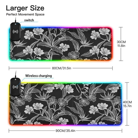 Colorless Flowers Leaves Wireless Charging Mouse Pad for Mobile Phone Extra Large Gaming Mousepad with 13 Lighting Modes Extended Desk Mat for Gaming MacBook PC Laptop Desk Office Home