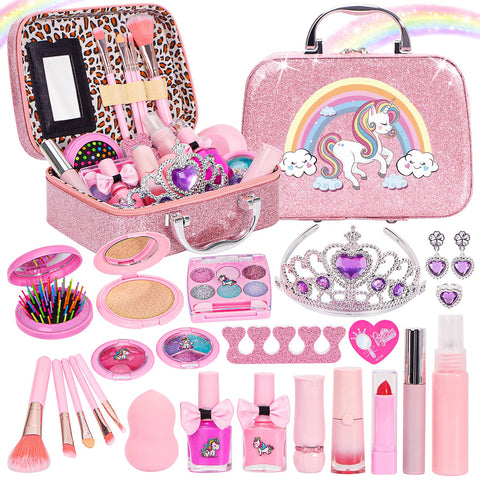 Kids Makeup Set for Girls, Real Washable Non-Toxic Girls Makeup Kit with Cosmetic Bag, Childrens Princess Pretend Play Toys Presents Make Up Birthday Gifts for 3 4 5 6 7 8 9 10 11 12 Years Old Girls