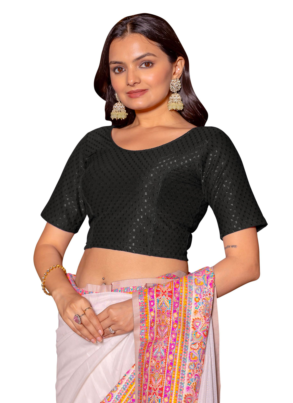Jaanvi fashion Women's Round Neck Cotton Dobby Lycra Elbow Sleeve Readymade Saree Blouse(cotton-dobbi-blouse-black-2xl)