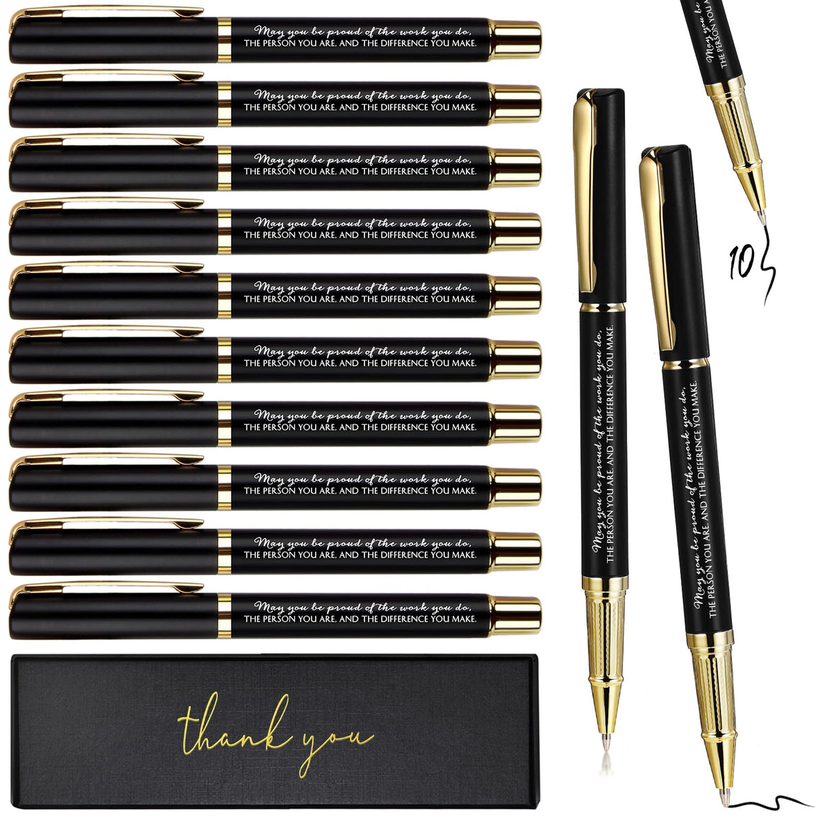 PerKoop 10 Pcs Thank You Gifts Inspirational Ballpoint Pens with Gift Boxes Motivational Quote Pen Bulk Appreciation Gifts for Employee Coworker Teacher Nurse Friends Gifts(Black, Difference)