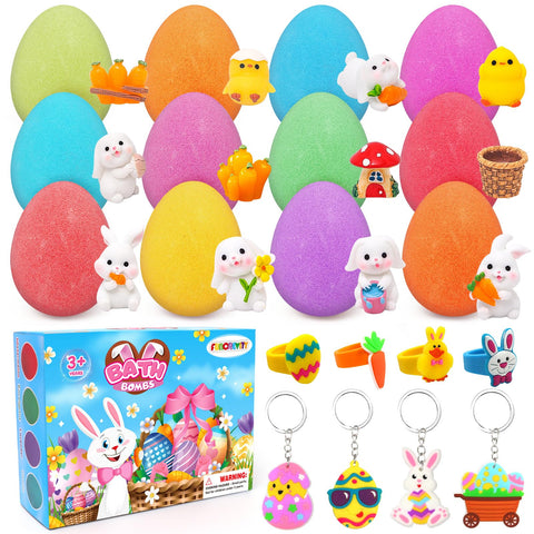 Easter Bath Bombs with Toys Inside for Kids Girls Boys Easter Basket Stuffers Handmade Fizzy Easter Eggs Balls Organic Bubble Bath Bombs for Easter Party Favor Easter Gift Set