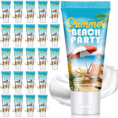 Dansib 24 Pcs Mini Sunscreen Bulk for Summer Wedding Party Spf 30 Water Resistant Sunscreen Lotion Bulk 1oz Travel Size for Thank You Gifts Summer Wedding Party Supplies (White Cream,Beach)